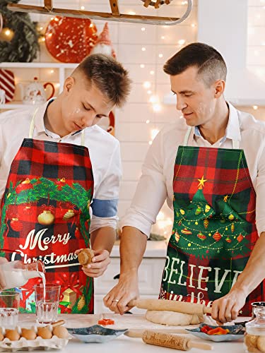 4 Pcs 21.7" x 26.8" Christmas Aprons Adjustable Kitchen Aprons Xmas Plaid Merry Christmas Bib for Adults
