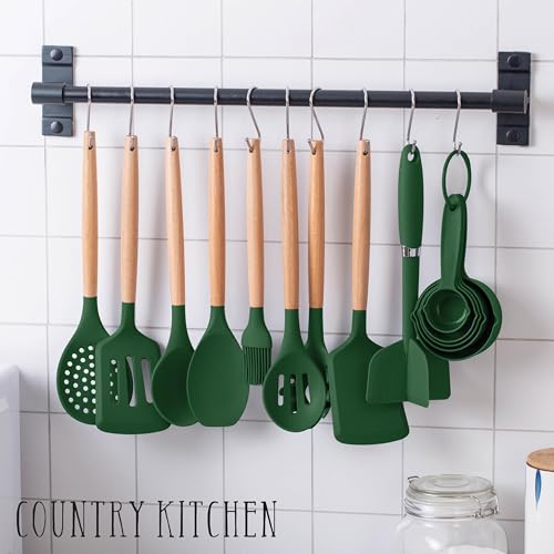 Non Stick Silicone Utensil Set with Rounded Wood Handles for Cooking and Baking (38 Piece Set / Green)