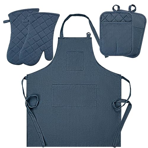 Oven Mitts and Pot Holders with Cooking Apron Set of 5 (Navy)