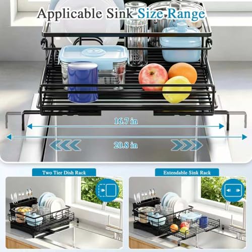 2 Tier Dish Drying Rack (Black / double-tier dish rack 16.7"w X14.8"H 12.8"-20.8"I)