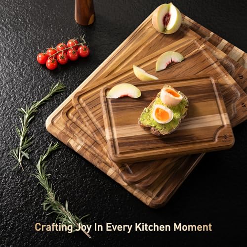 4 Pack Teak Cutting Boards for Kitchen Wood Wooden Cutting Board Non Toxic (Multi-Size Set | 4 Pack with Holder)