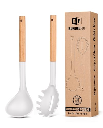 Silicone Soup Ladle and Pasta Spoon Set with Wooden Handle