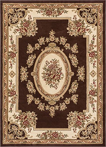 Pastoral Medallion Brown French Area Rug European Floral Formal Traditional Area Rug Easy Clean Shed Free Modern Classic Contemporary Thick Soft Plush Living Dining Room Rug