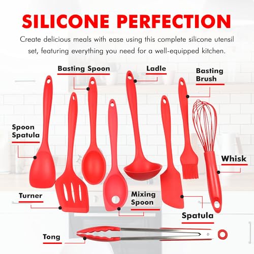 Premium Silicone Kitchen Tool and Utensil Set (9 Piece Set / Red)