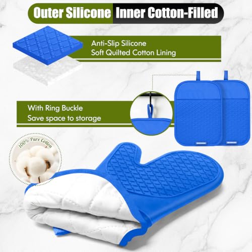 Silicone Oven Mitts and Pot Holders with Kitchen Towels and Dishcloths Sets (Royal Blue)