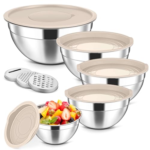 5 Piece Nesting Mixing Bowls with Lids (Khaki / 4.6, 3.5, 2.5, 2, 1.5QT)
