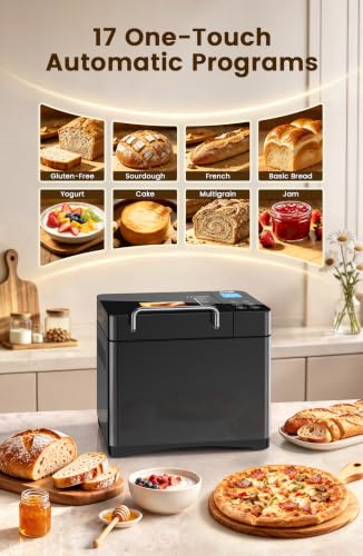 17-in-1 Bread Maker-Dual Heaters, 710W Bread Machine Stainless Steel with Gluten-Free,Ceramic Pan& Touch Panel, 3 Loaf Sizes 3 Crust Colors,Recipes