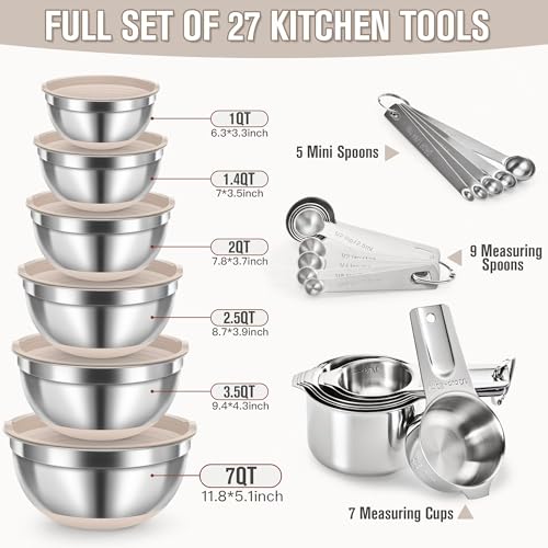 30PCS Mixing Bowls Measuring Cups and Spoons Set (Khaki / 9+7+14 - Bowls & Cups & Spoons)
