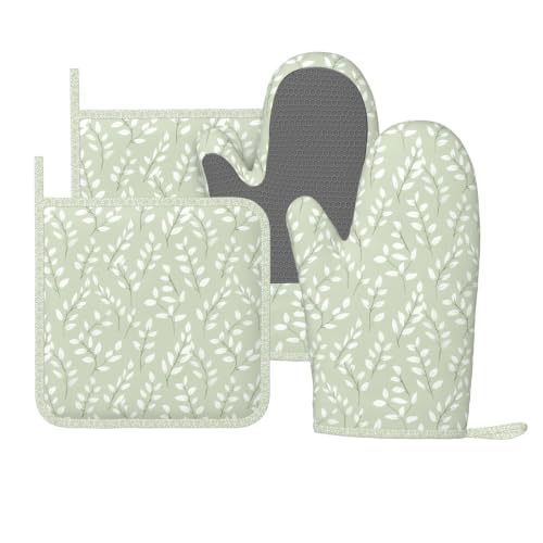 Oven Mitts and Pot Holders Set Sage Green Botanical Leaf Silicone Kitchen Accessories 4 Piece Heat Resistant Long Gloves Potholder Non (C12)