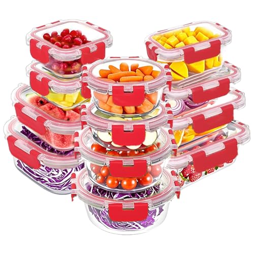 12 Packs Glass Food Storage Containers Set with Lids (Red / 24 Pieces)
