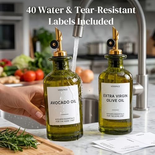 Green Glass Olive Oil Dispenser Bottles For Kitchen (Green/Gold / 12oz)