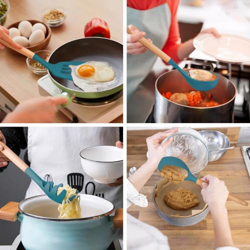 Silicone Cooking Utensils Set 6Pcs Heat Resistant Silicone Kitchen Utensils Set for Cooking Spatula Spoon Turner Ladle w Wooden Handle (Standard 6-Piece Set / Blue)
