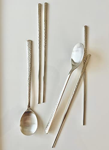 Korean Made Silver Glossy Hammered Stainless Steel Korean Spoon & Chopstick SET
