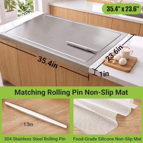 Large Stainless Steel Cutting Board 35.4×23.6 with Lip and Juice Groove (35.4"L x 23.6"W)