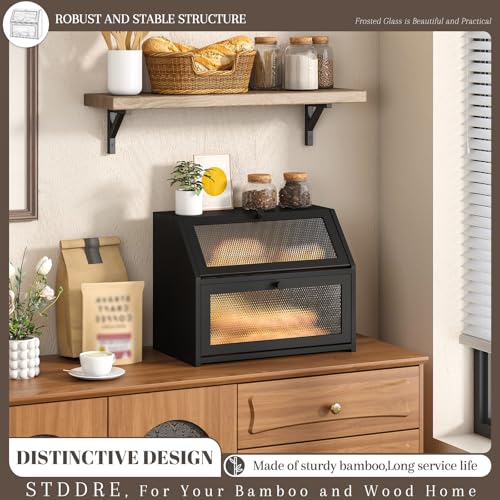Bread Box for Kitchen Countertop Bin Double Layer Bread Box Storage Container Extra Large Capacity Farmhouse with Diamond Pattern Windows (Black / Large)