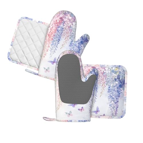 Oven Mitts and Pot Holders Botanical Flower Butterfly Silicone Kitchen Accessories Set of 4 Heat Resistant Long Gloves Potholder Non (A094)