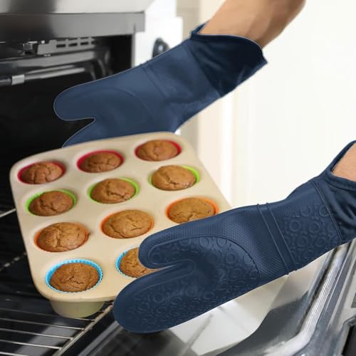 BPA Free Soft Silicone Oven Mitts (Navy Blue / 2-Piece 14.7" Oven Mitts)