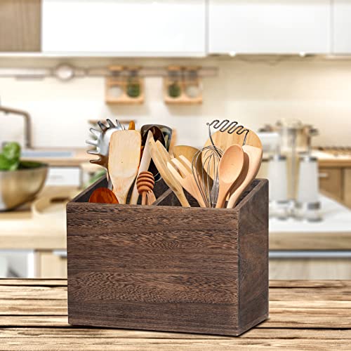 Rustic Wooden Utensil Caddy With 2 Compartments