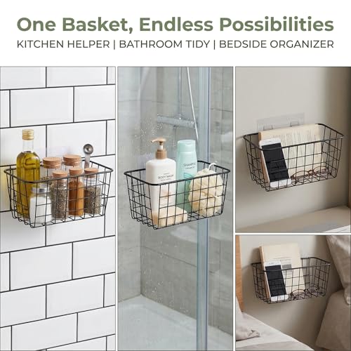 Adhesive Sturdy Small Wire Storage Baskets with Kitchen Food Pantry Bathroom Shelf Storage No Drilling Wall Mounted