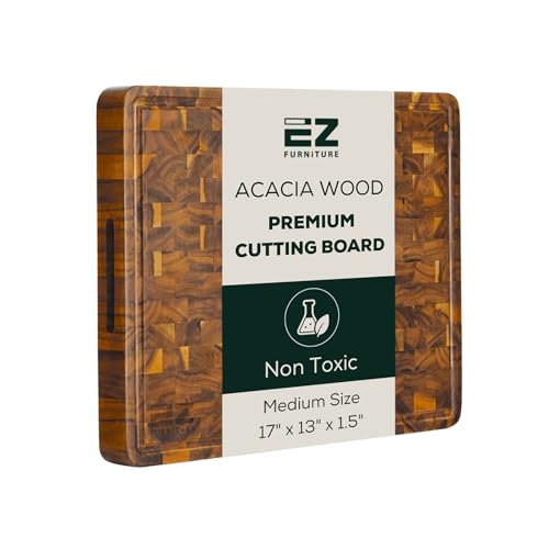 Medium (M) Acacia End Grain Cutting Board, Reversible, Knife-Friendly Charcuterie Wood Cutting Board with Juice Groove & Handles, Non-Toxic, Gift Box Included (17"x13"x1.5") (M - Acacia / 17"L x 13"W)