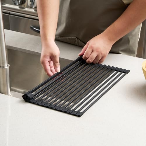 Black Steel Over Sink Roll Up Drying Rack (Black / 17" x 13")
