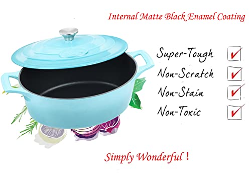 La Cuisine Enameled Cast Iron Oval Dutch Oven Casserole Pot with Lid 6.75 QT Internal Matte Black Enamel Coating for bread baking For GlassTop Oven (6.75 QT Oval / Teal)