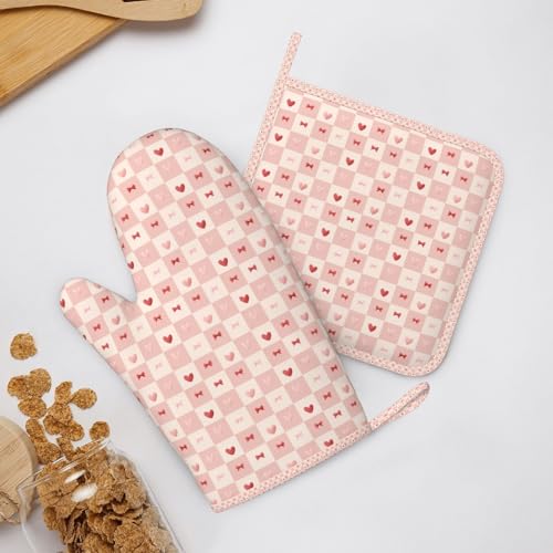 Oven Mitts Pot Holders Set Plaid Pink Heart Bow Pattern Silicone Kitchen Gloves Potholders Heat Resistant for Chef Baking Cooking Grilling BBQ 4 Pack Mitt (B0116)