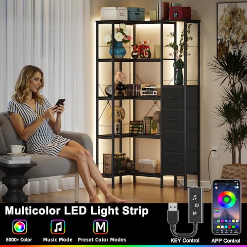 Corner Bookshelf with LED Light Strips & 4 Fabric Drawers