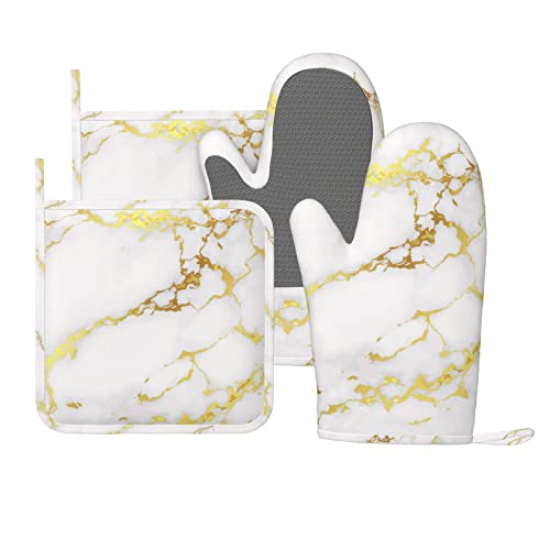 Marble Oven Mitts Pot Holders Set Silicone White Gold Kitchen Gloves Potholders Heat Resistant for Chef Baking Cooking Grilling BBQ 4 Pack Mitt (A2)