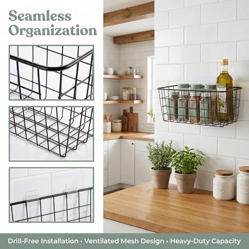 Adhesive Sturdy Small Wire Storage Baskets with Kitchen Food Pantry Bathroom Shelf Storage No Drilling Wall Mounted