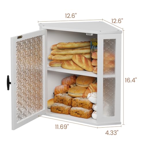 Corner Bread Box for Kitchen Countertop Double Layer Bamboo Wood Large Capacity Bread Storage Container Retro Vintage Farmhouse (White / Extra Large)