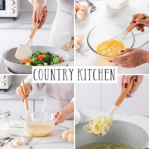 Non Stick Silicone Utensil Set with Rounded Wood Handles for Cooking and Baking (38 Piece Set / Khaki)