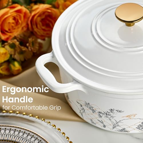 Cast Iron Dutch Oven Pot with Lid (White Bird & Floral / 5QT)