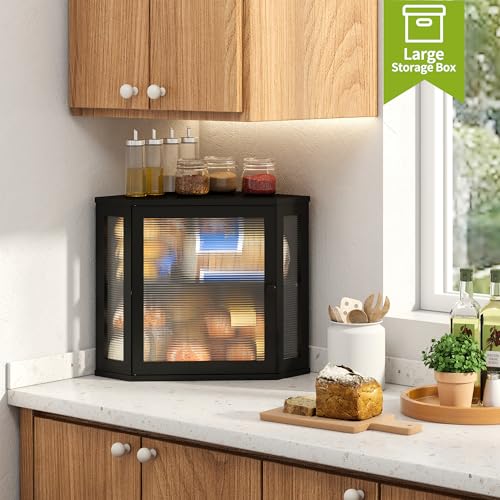 Corner Bread Box for Kitchen Countertop Double Layer Bamboo Wooden Bread box Large Capacity Bread Storage Bin (Black / Medium)