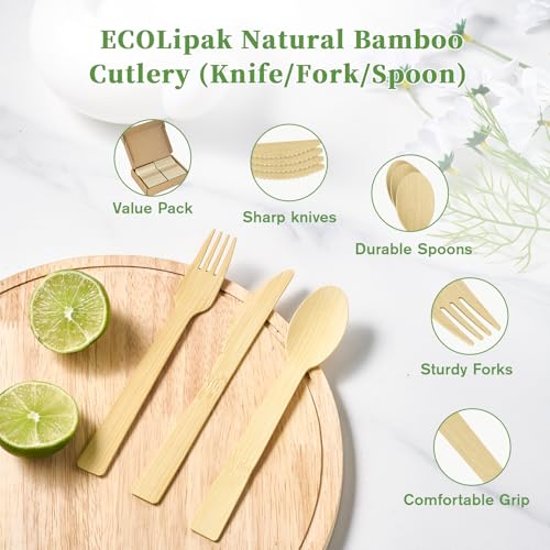 300 PACK Bamboo Cutlery Set Disposable Forks Spoons Knives