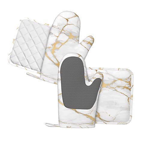 Oven Mitts and Pot Holders Marble White Gold Silicone Kitchen Accessories Set of 4 Heat Resistant Long Gloves Potholder Non (A06)