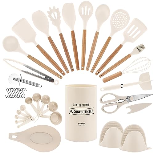 Non Stick Silicone Utensil Set with Rounded Wood Handles for Cooking and Baking (38 Piece Set / Khaki)
