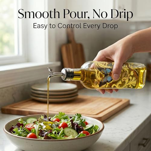 Olive Oil Bottle Set Glass Dispenser Vinegar Cruet with Stainless Steel Leak Proof Pourer Spout 17oz