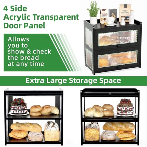 Extra Large Bamboo Bread Box for Kitchen Counter (Black-Flip Doors)