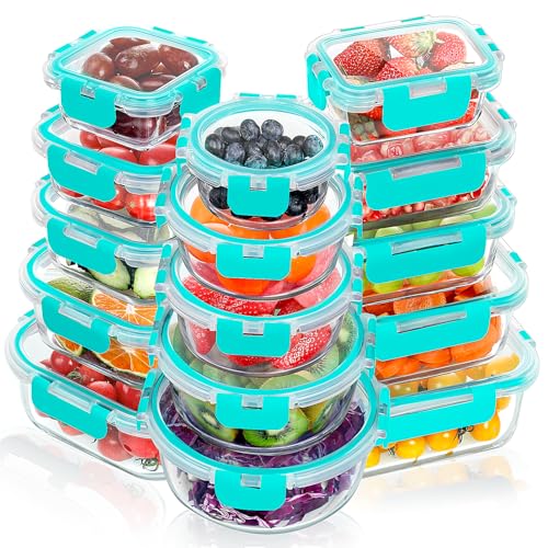 30 Pieces Glass Food Storage Containers Set with Lids (Green / 30 Pieces)