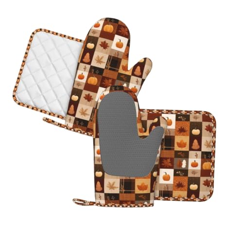 Oven Mitts and Pot Holders Set Autumn Fall Pumpkin Silicone Kitchen Accessories 4 Piece Heat Resistant Long Gloves Potholder Non (C13)