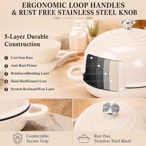 5 Qt Enameled Cast Iron Dutch Oven with Lid for Sourdough Bread Baking (White)