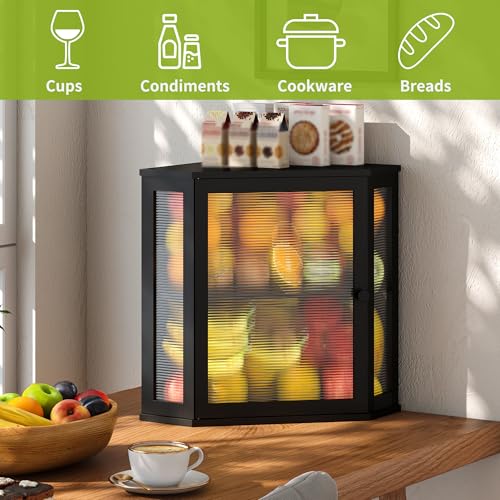 Corner Bread Box for Kitchen Countertop Double Layer Bamboo Wooden Bread box Large Capacity Bread Storage Bin (Black / Extra Large)