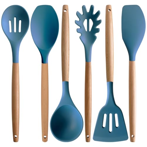 Silicone Cooking Utensils Set 6Pcs Heat Resistant Silicone Kitchen Utensils Set for Cooking Spatula Spoon Turner Ladle w Wooden Handle (Standard 6-Piece Set / Blue)