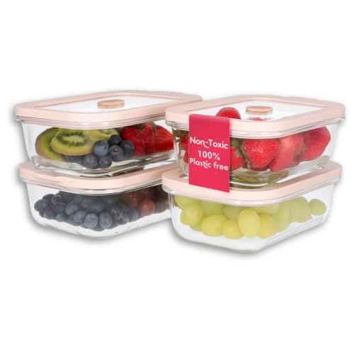 Non Toxic Glass Food Containers with Lids (Beige / 21 Oz)