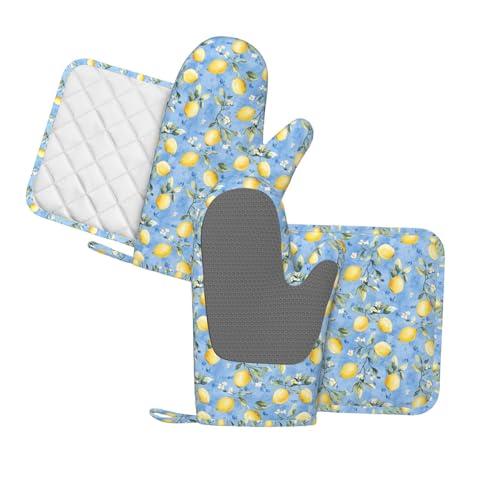Oven Mitts Pot Holders Set Watercolor Lemon Flower Blue Silicone Kitchen Gloves Potholders Heat Resistant for Chef Baking Cooking Grilling BBQ 4 Pack Mitt (B016)