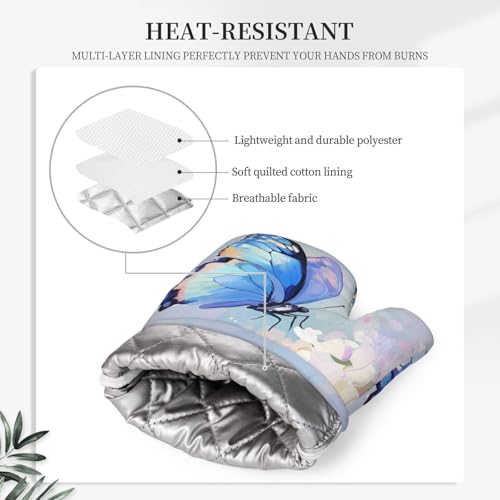 Oven Mitts Pot Holders Set Butterfly Flower Oil Painting Silicone Kitchen Gloves Potholders Heat Resistant for Chef Baking Cooking Grilling BBQ 4 Pack Mitt (C011)