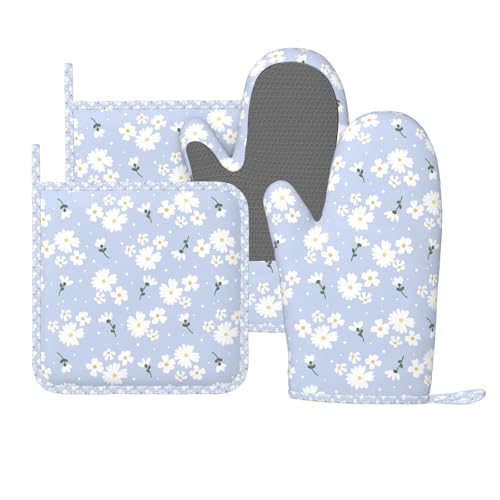 Oven Mitts Pot Holders Set Daisy Flower Pastel Silicone Kitchen Gloves Potholders Heat Resistant for Chef Baking Cooking Grilling BBQ 4 Pack Mitt (C07)