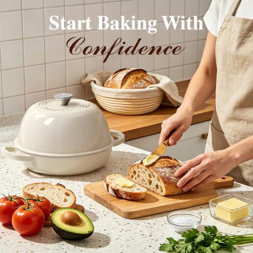 6QT Enameled Cast Iron Dutch Oven for Bread Baking (Cream White)