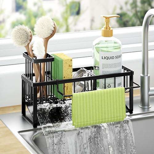 Self draining Sponge Holder for Kitchen Sink with Brush Holder and Dishcloth Holder